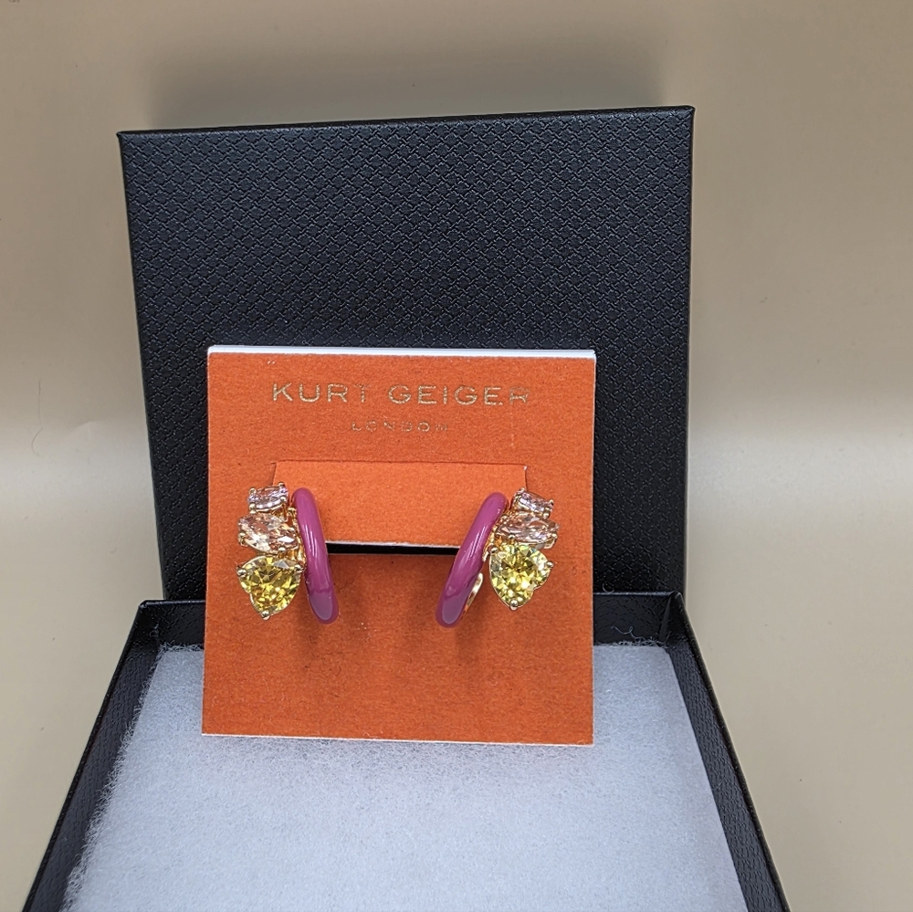 Kurt Geiger Purple Hoop Earrings with Yellow and Pale Pink Crystal Drops - Picture 2 of 3